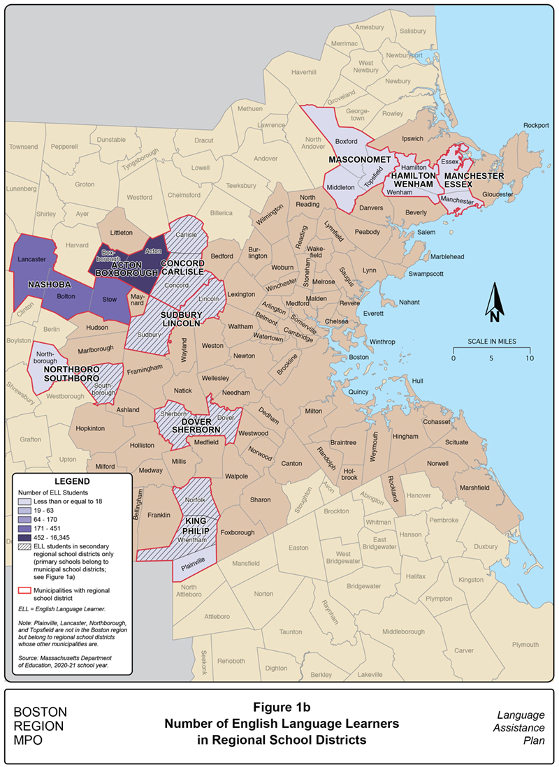 Figure 1B is a map showing the number of English language learners in regional school districts in the Boston region.